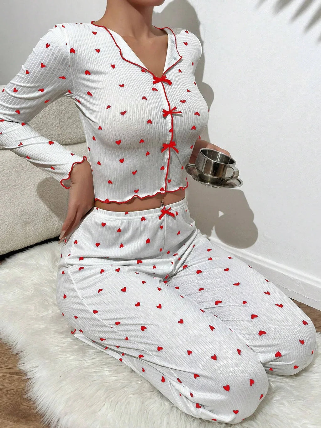 Ribbed Heart Print Pajama Set - View 15 | WEUXS