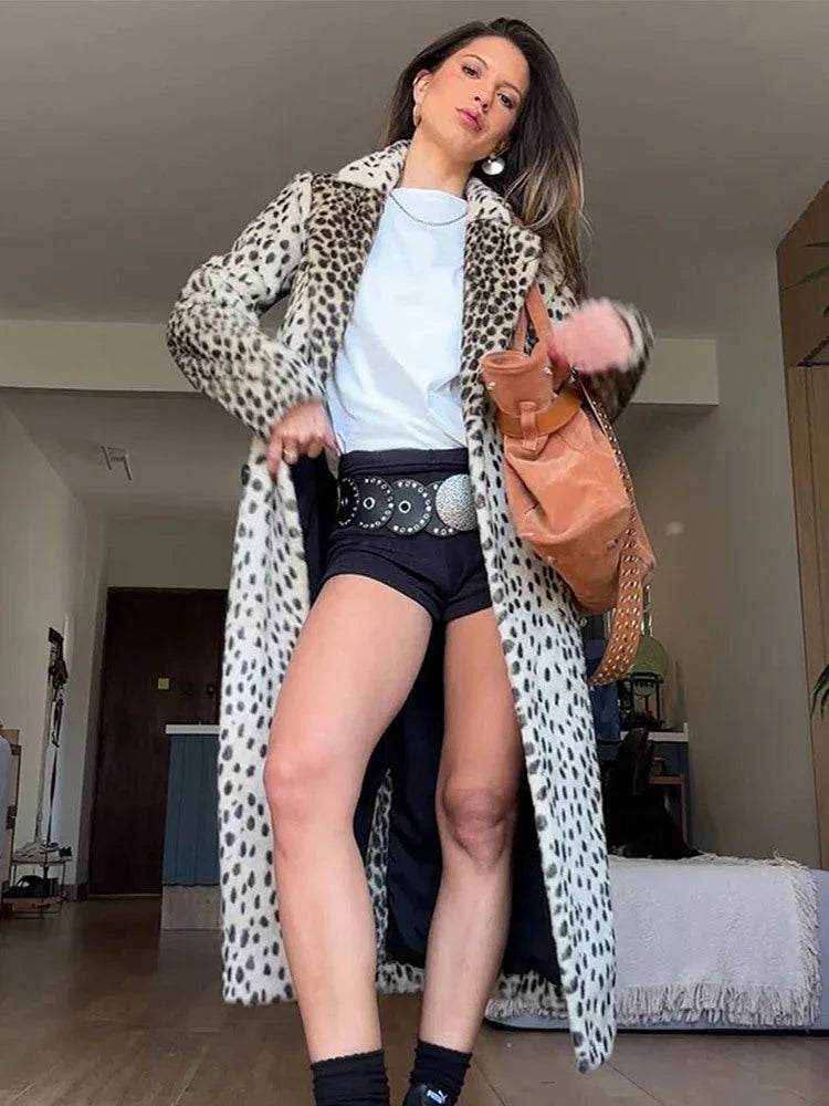 Vintage Leopard Print Faux Fur Long Coat - WEUXS