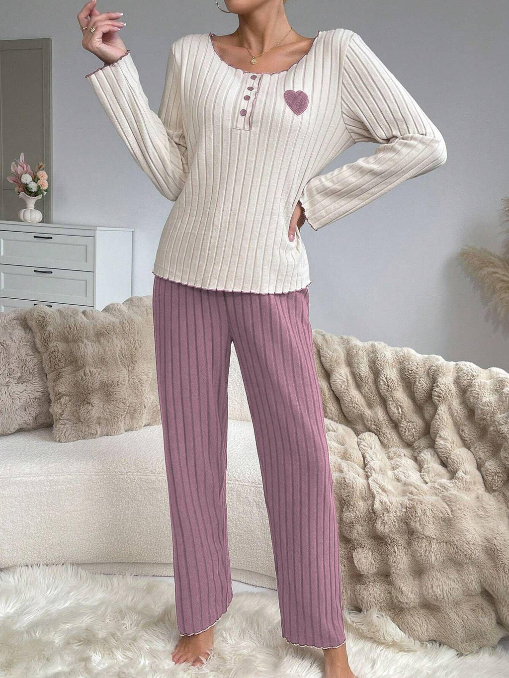 Coquette Heart Patch Ribbed Lounge Set - View 15 | WEUXS