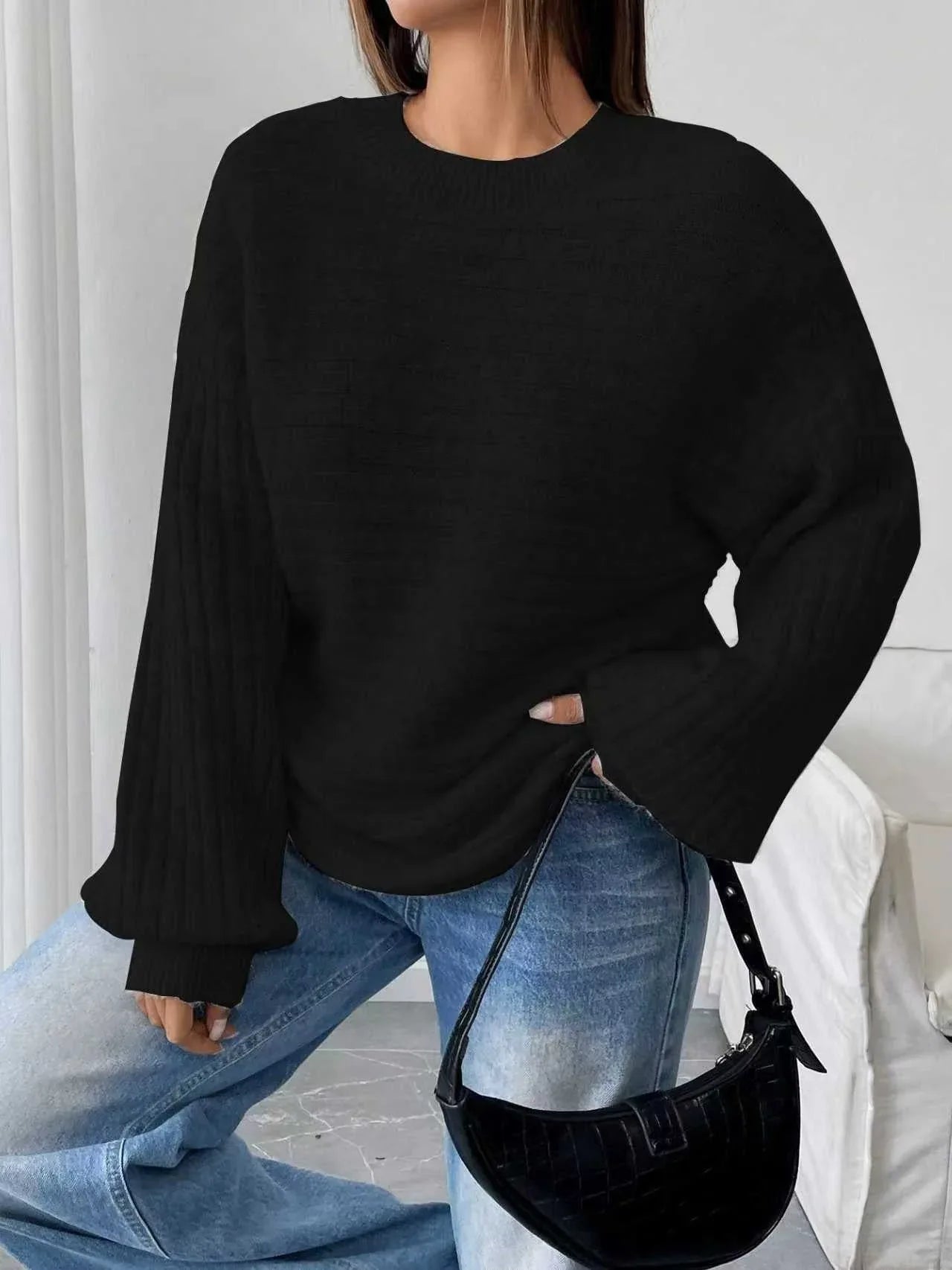 Ribbed knit sweater with lantern sleeves - View 8 | WEUXS