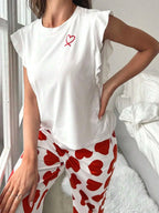 Heart Print Pajama Set with Ruffle Sleeves - View 17 | WEUXS