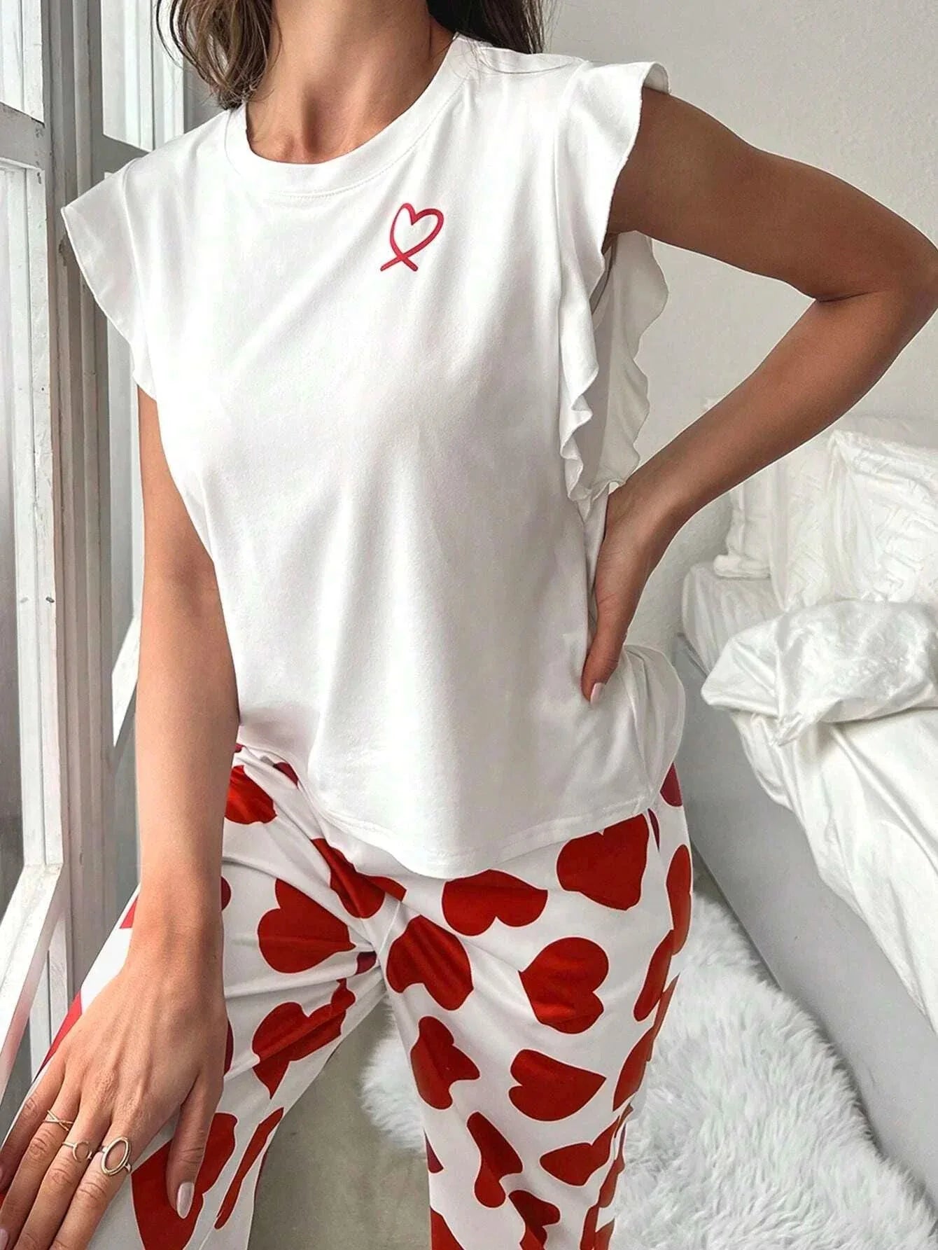 Heart Print Pajama Set with Ruffle Sleeves - View 17 | WEUXS