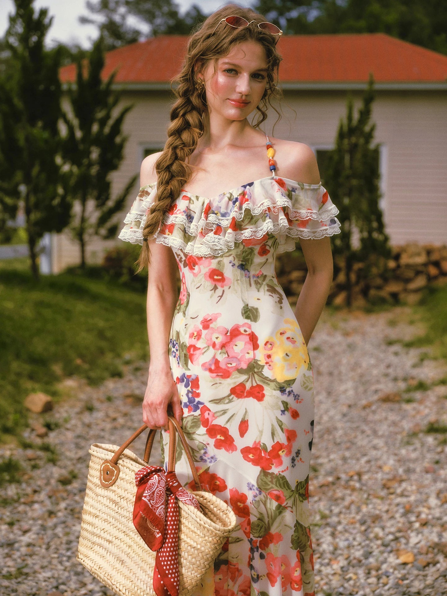 French Style Floral Print Midi Dress