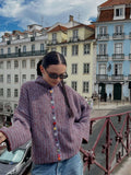 Woman wearing a chevron knit button cardigan - View 7 | WEUXS