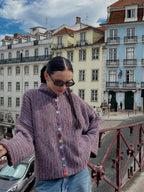 Woman wearing a chevron knit button cardigan - View 7 | WEUXS