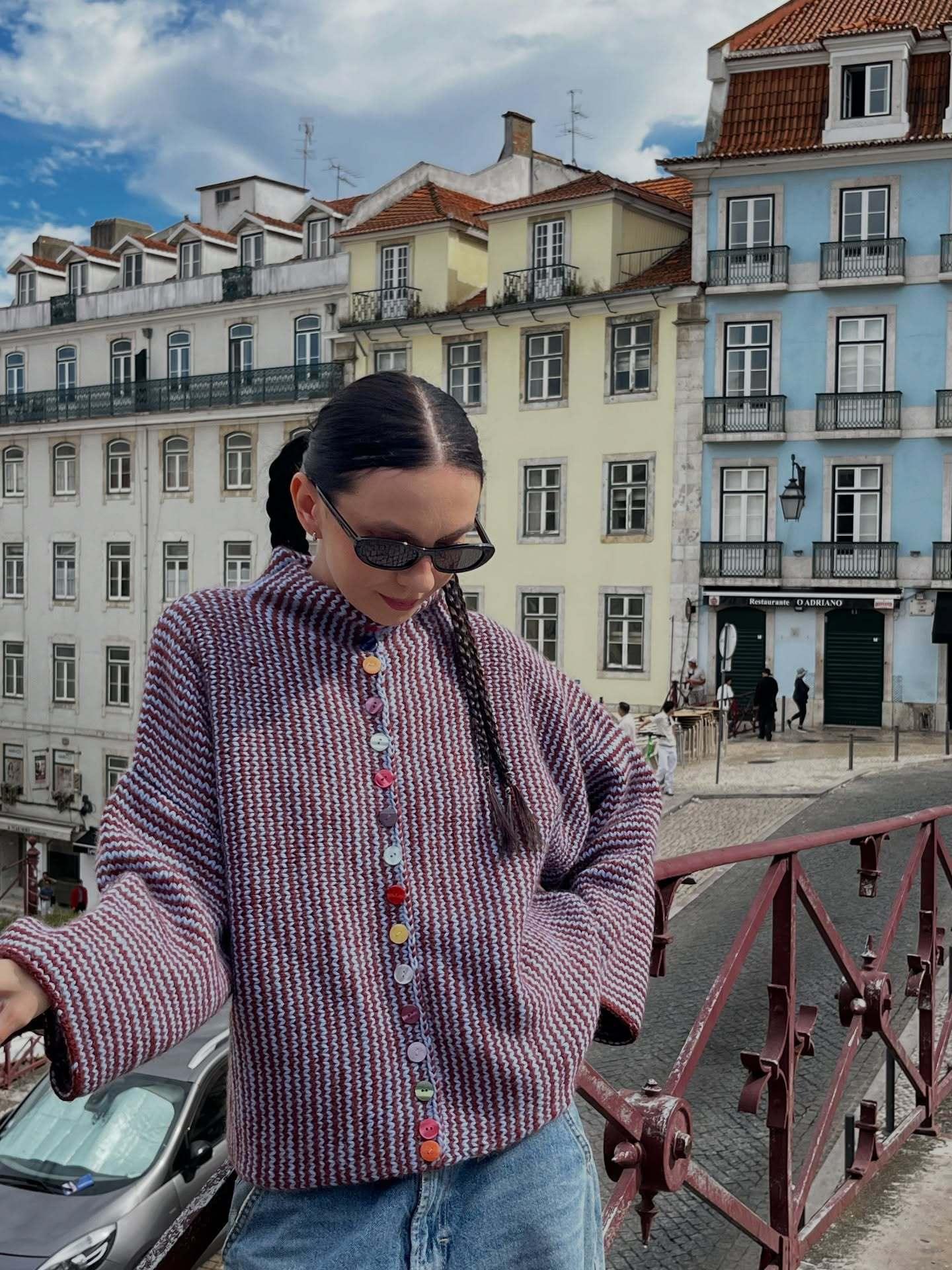 Woman wearing a chevron knit button cardigan - View 7 | WEUXS