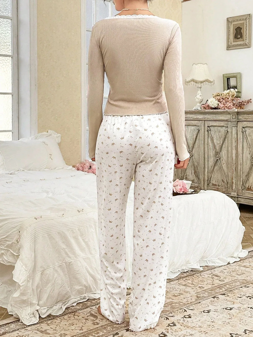 Ribbed Henley Pajama Set with Crown Print - View 13 | WEUXS