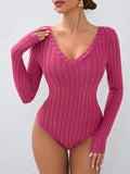 Heather Grey Soft Ribbed Knit V-Neck Long Sleeve Bodysuit - WEUXS