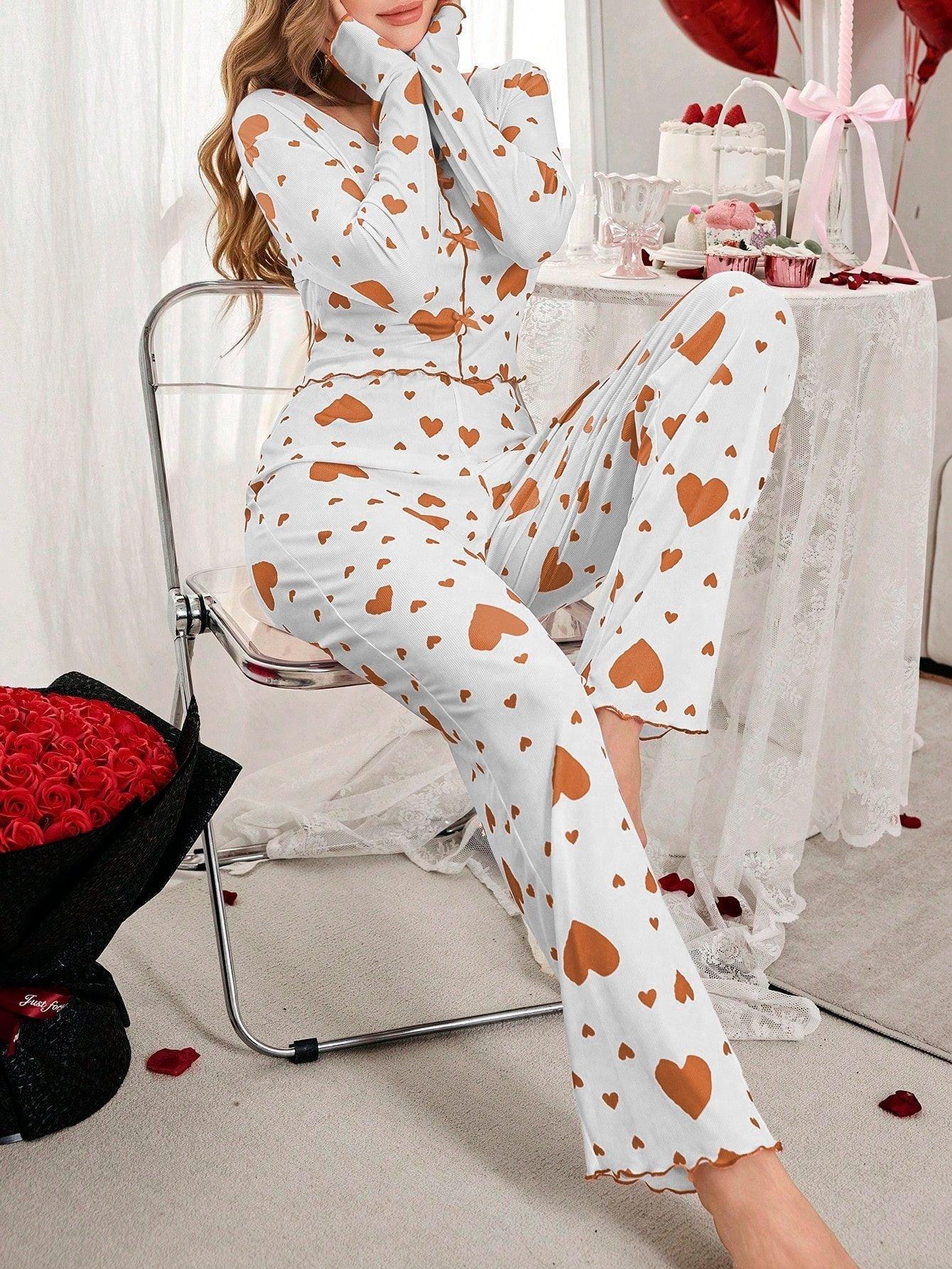 Ribbed heart print pajama set - View 23 | WEUXS