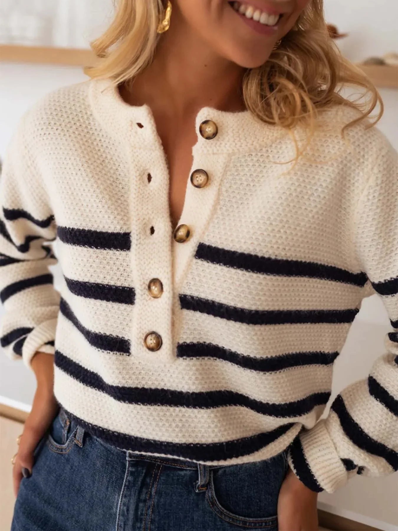 Waffle Knit Henley Sweater in Cream with Black Stripes - View 7 | WEUXS