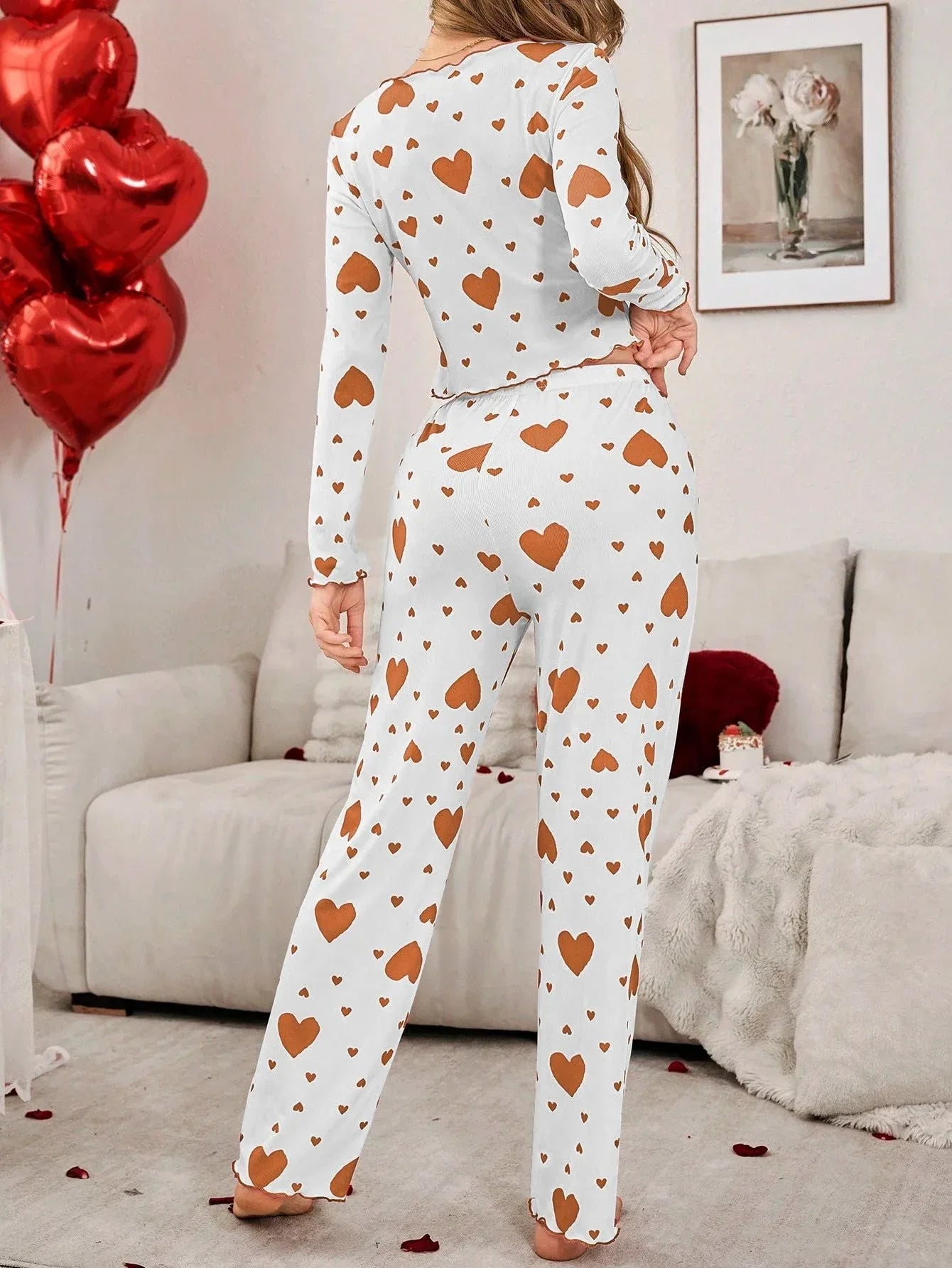 Ribbed heart print pajama set - View 20 | WEUXS