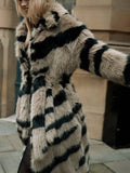 Vintage Zebra Stripe Faux Fur Long Coat - WEUXS