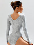 Heather Grey Deep V-Neck Ribbed Knit Bodysuit - WEUXS