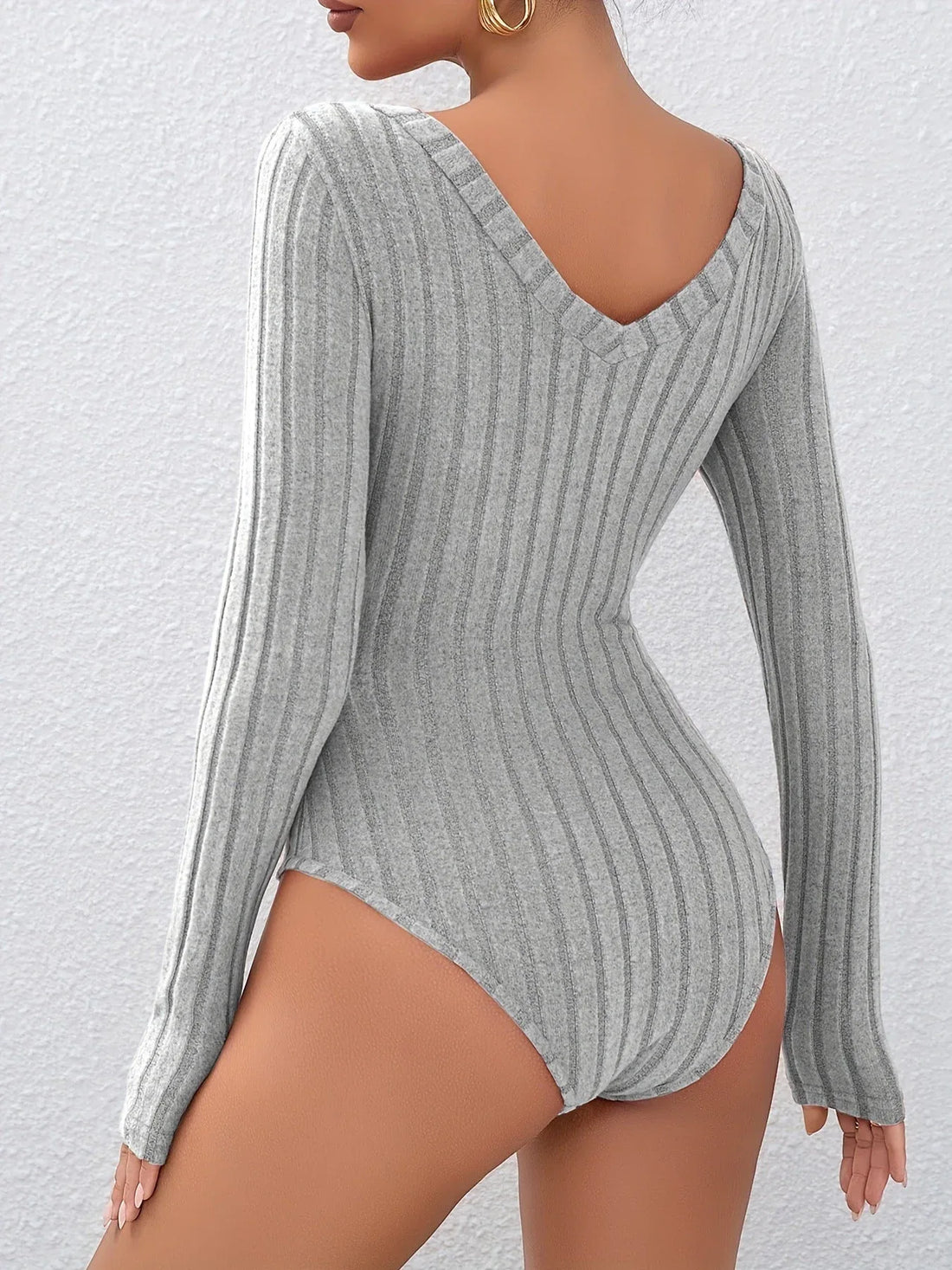 Grey ribbed knit long sleeve V-neck bodysuit