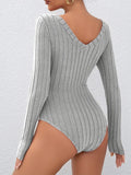 Heather Grey Soft Ribbed Knit V-Neck Long Sleeve Bodysuit - WEUXS