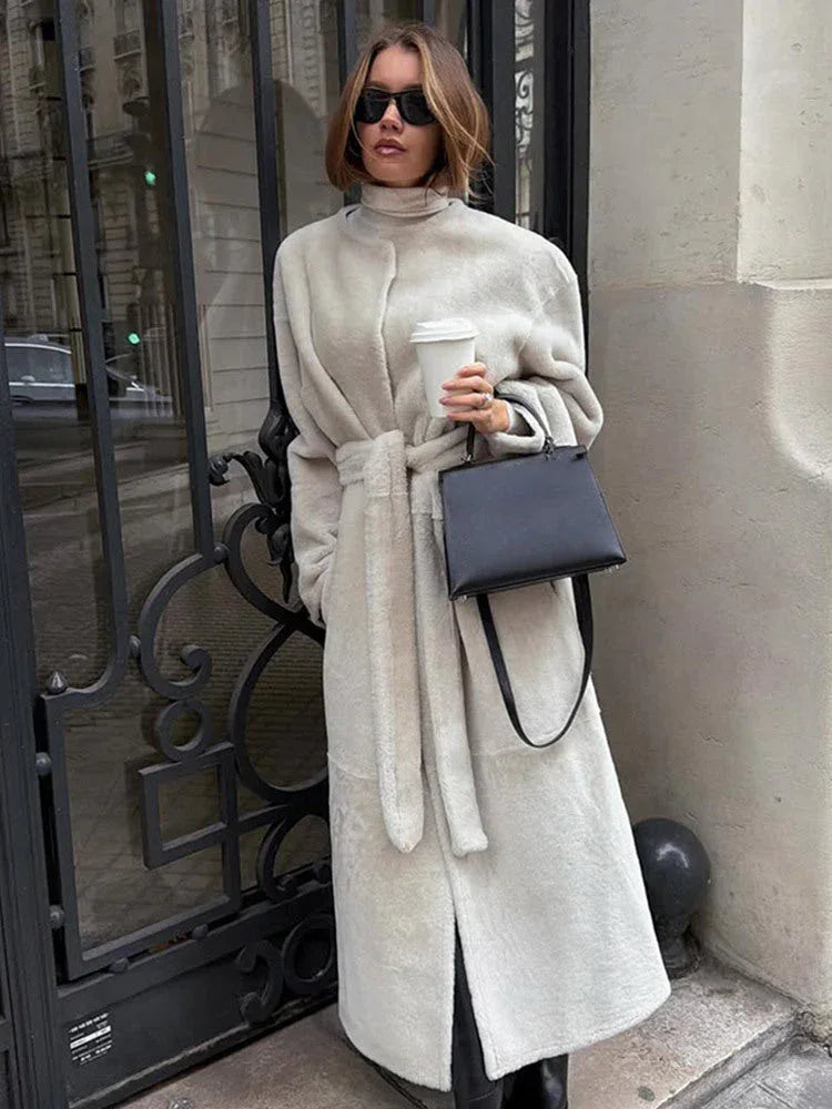 Majestic Cream Belted Faux Fur Long Coat - View 8 | WEUXS