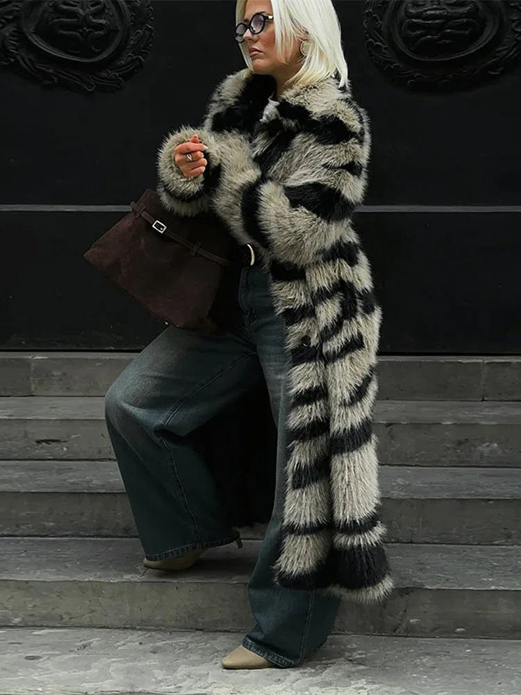 Vintage Zebra Stripe Faux Fur Long Coat - WEUXS