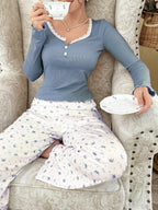 Ribbed Henley Pajama Set with Crown Print - View 18 | WEUXS