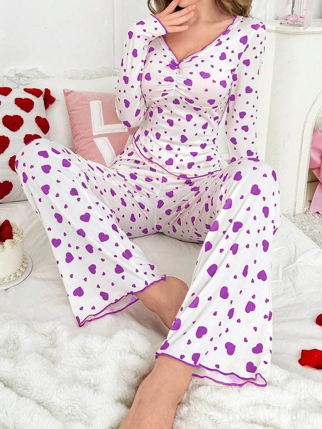 Ribbed Heart Print Pajama Set - View 34 | WEUXS