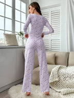 Ribbed floral pajama set with henley neckline and wide-leg pants - View 19 | WEUXS
