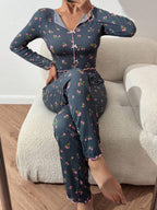 Ribbed Floral Henley Pajama Set - View 13 | WEUXS