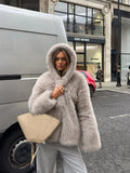 Grey faux fur hooded cropped coat - View 7 | WEUXS