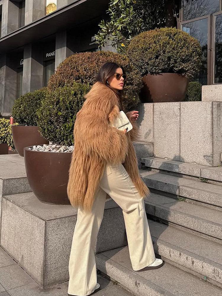Luxe Golden Camel Shaggy Faux Fur Coat - WEUXS