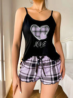 Plaid Heart Print Cami & Shorts Loungewear Set - View 16 | WEUXS