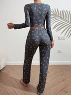 Ribbed Floral Henley Pajama Set - View 12 | WEUXS