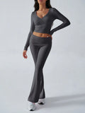 V-Neck Knit Crop Top and Flare Pants Set - View 27 | WEUXS