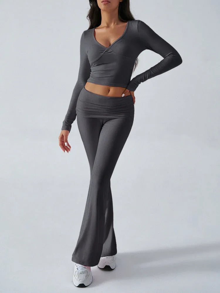 V-Neck Knit Crop Top and Flare Pants Set - View 27 | WEUXS