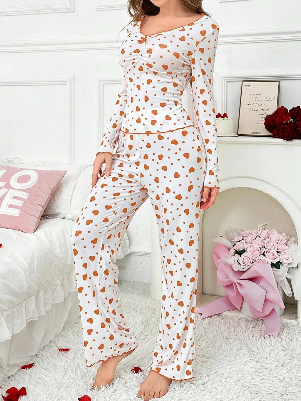 Ribbed Heart Print Pajama Set - View 22 | WEUXS