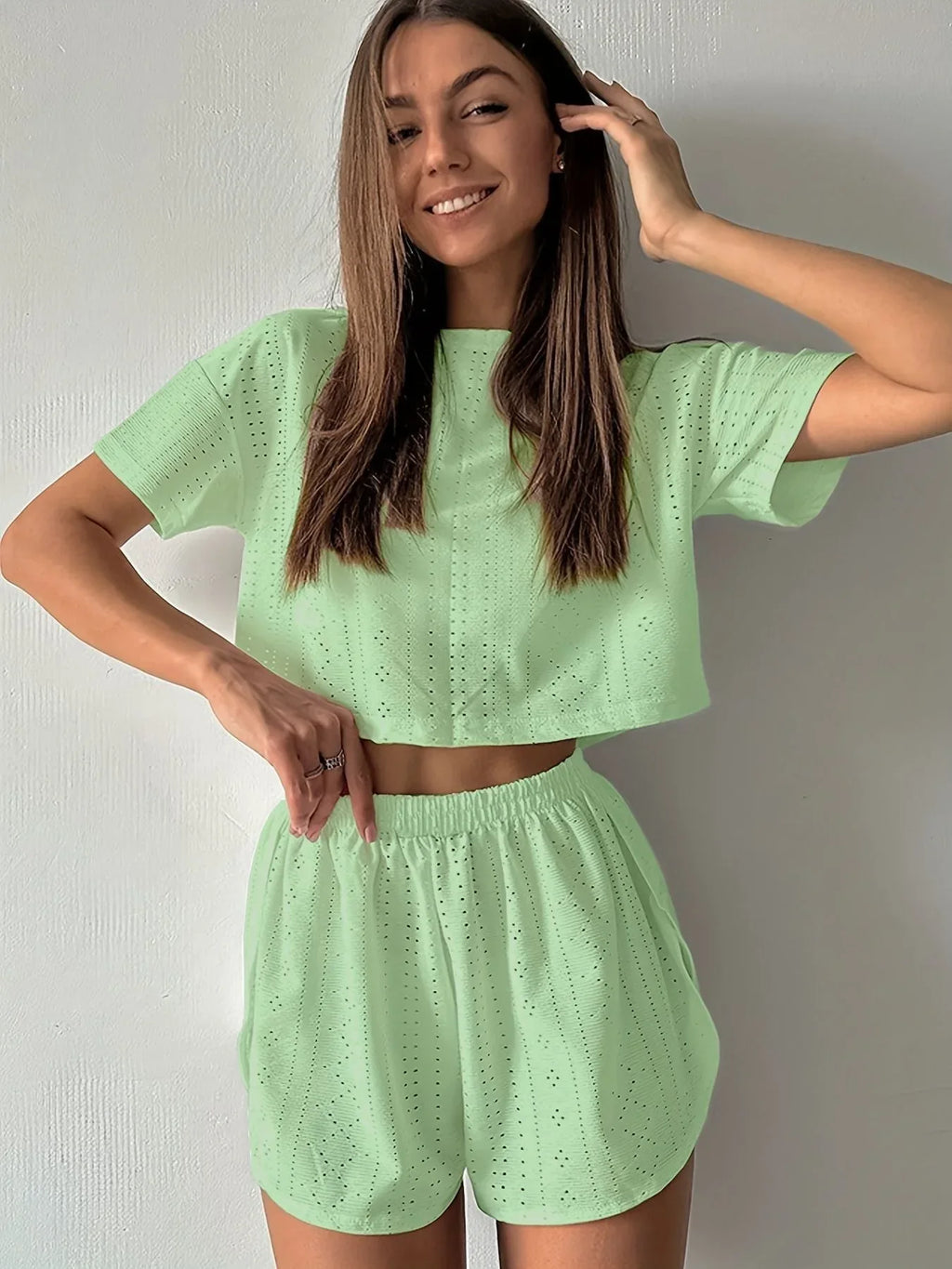 White Hollow Out Eyelet Lounge Set - WEUXS