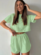 White Hollow Out Eyelet Lounge Set - WEUXS