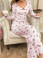 Ribbed Pajama Set with Bow Print - View 12 | WEUXS