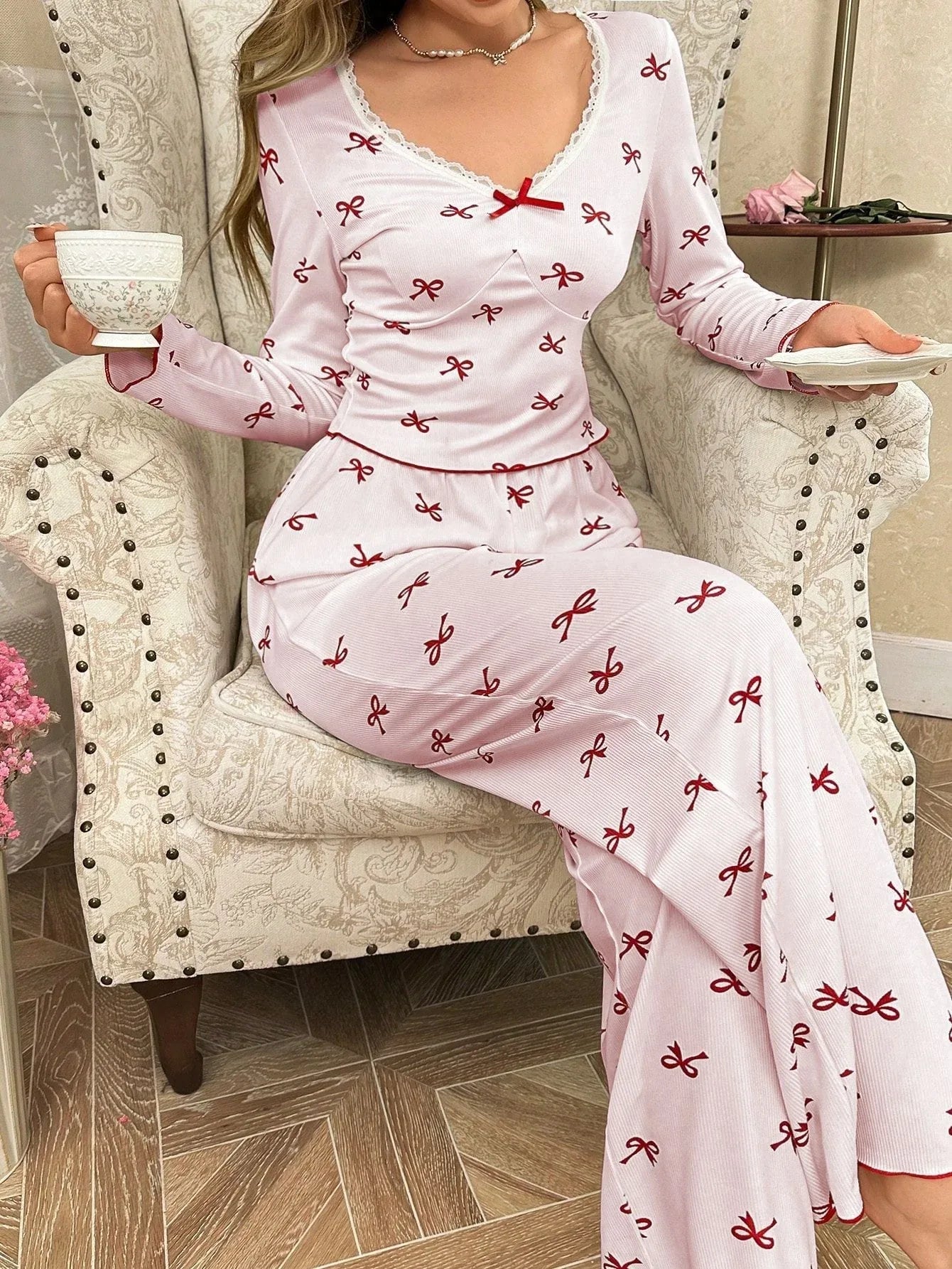 Ribbed Pajama Set with Bow Print - View 12 | WEUXS