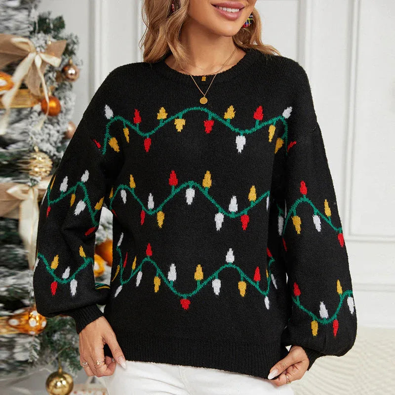 Model styled in a black festive sweater with a Christmas tree backdrop