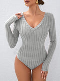 Heather Grey Soft Ribbed Knit V-Neck Long Sleeve Bodysuit - WEUXS