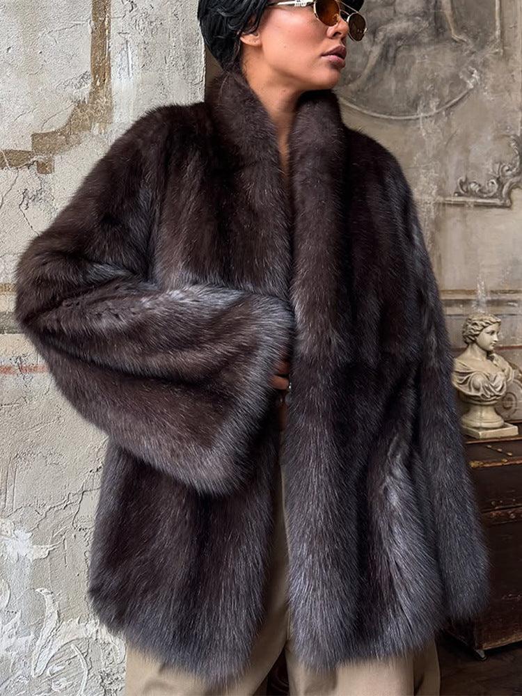 Sophisticated Deep Charcoal Plush Faux Fur Coat - WEUXS