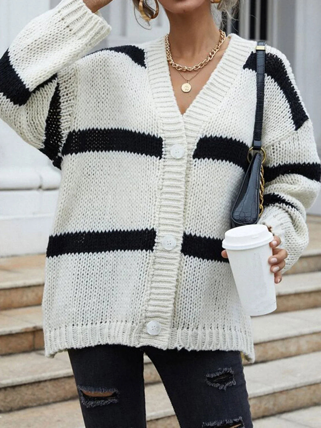 Chunky knit striped cardigan - View 6 | WEUXS