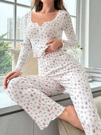 Ribbed floral pajama set with henley neckline and wide-leg pants - View 15 | WEUXS