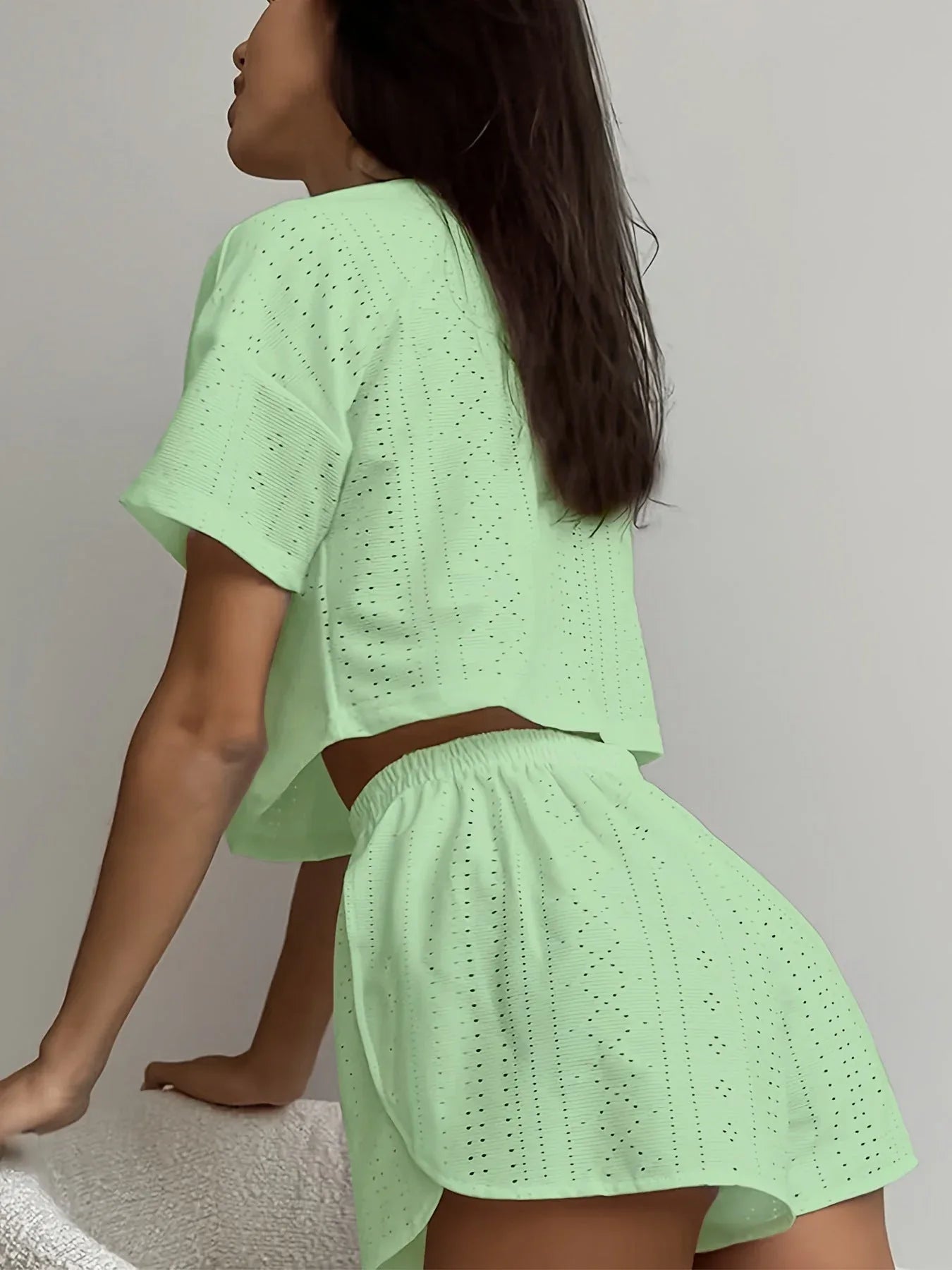 White Hollow Out Eyelet Lounge Set - WEUXS