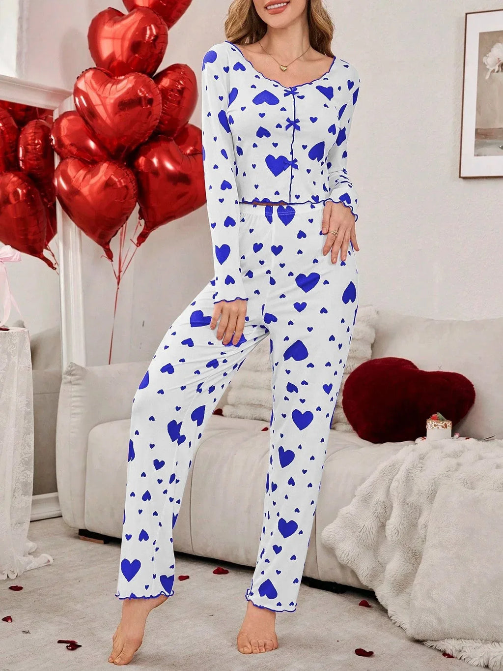 Ribbed heart print pajama set - View 27 | WEUXS