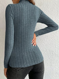 Sleek Slate Blue Mock Neck Ribbed Knit Top - WEUXS