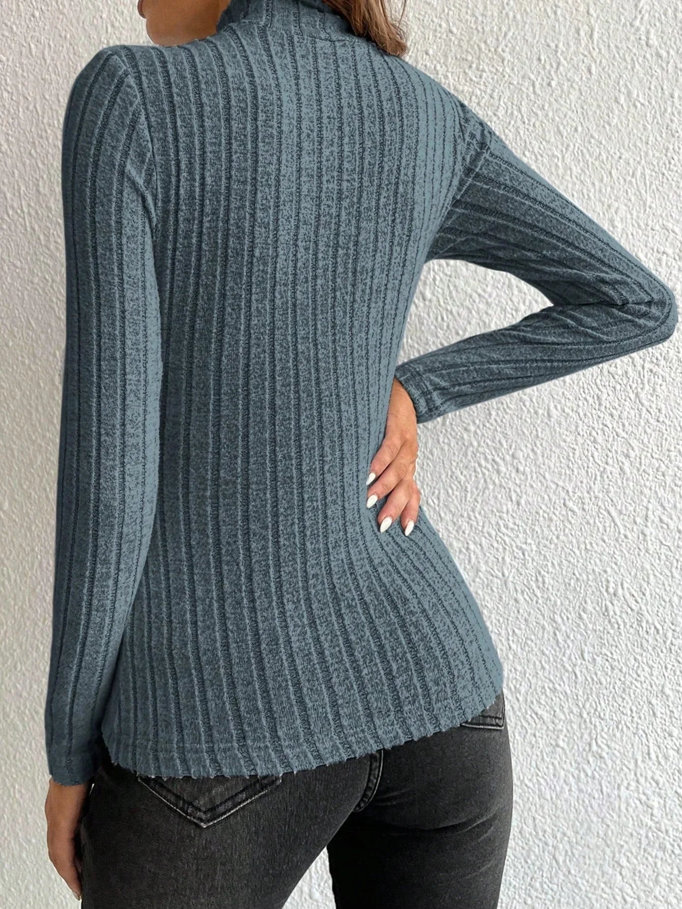 Sleek Slate Blue Mock Neck Ribbed Knit Top - WEUXS