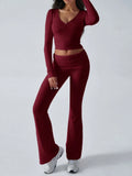 V-Neck Crop Top and Fold-Over Flare Pants Set - View 9 | WEUXS