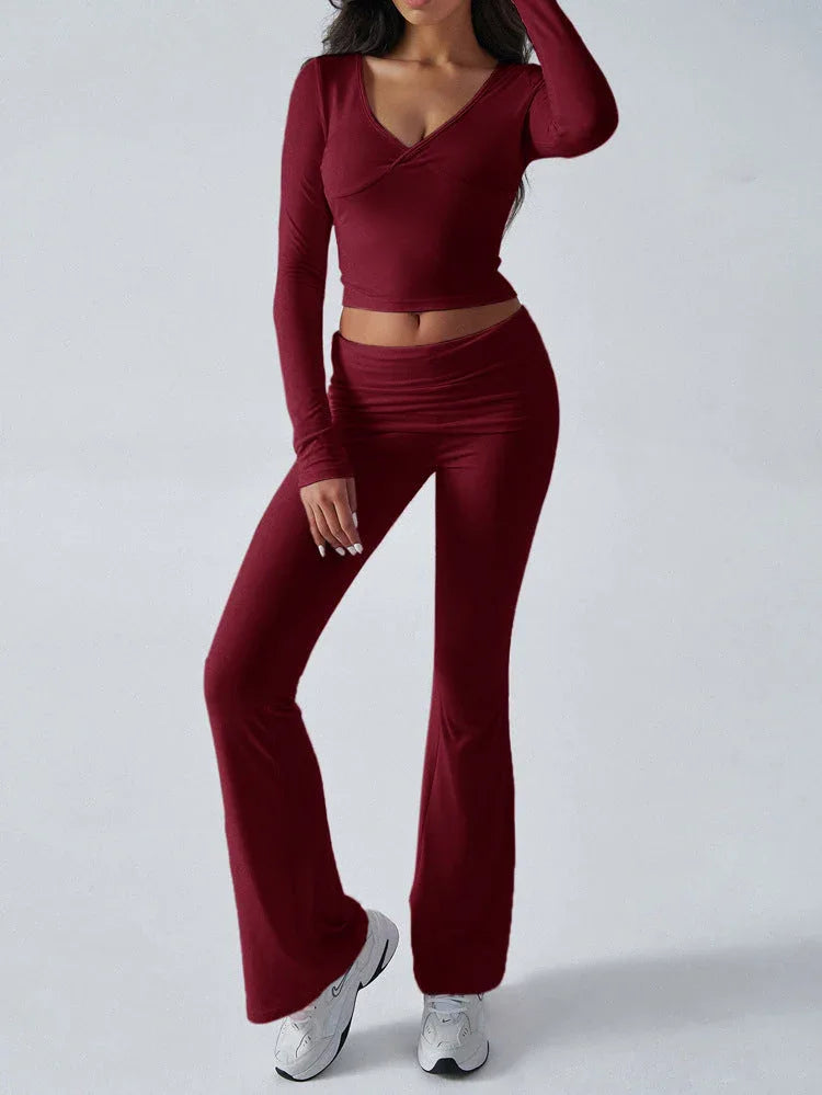 V-Neck Crop Top and Fold-Over Flare Pants Set - View 9 | WEUXS