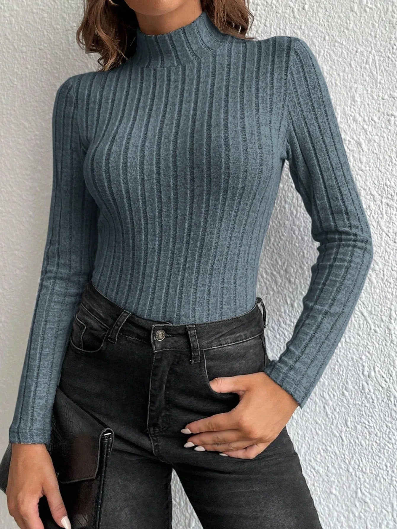 Sleek Slate Blue Mock Neck Ribbed Knit Top - WEUXS