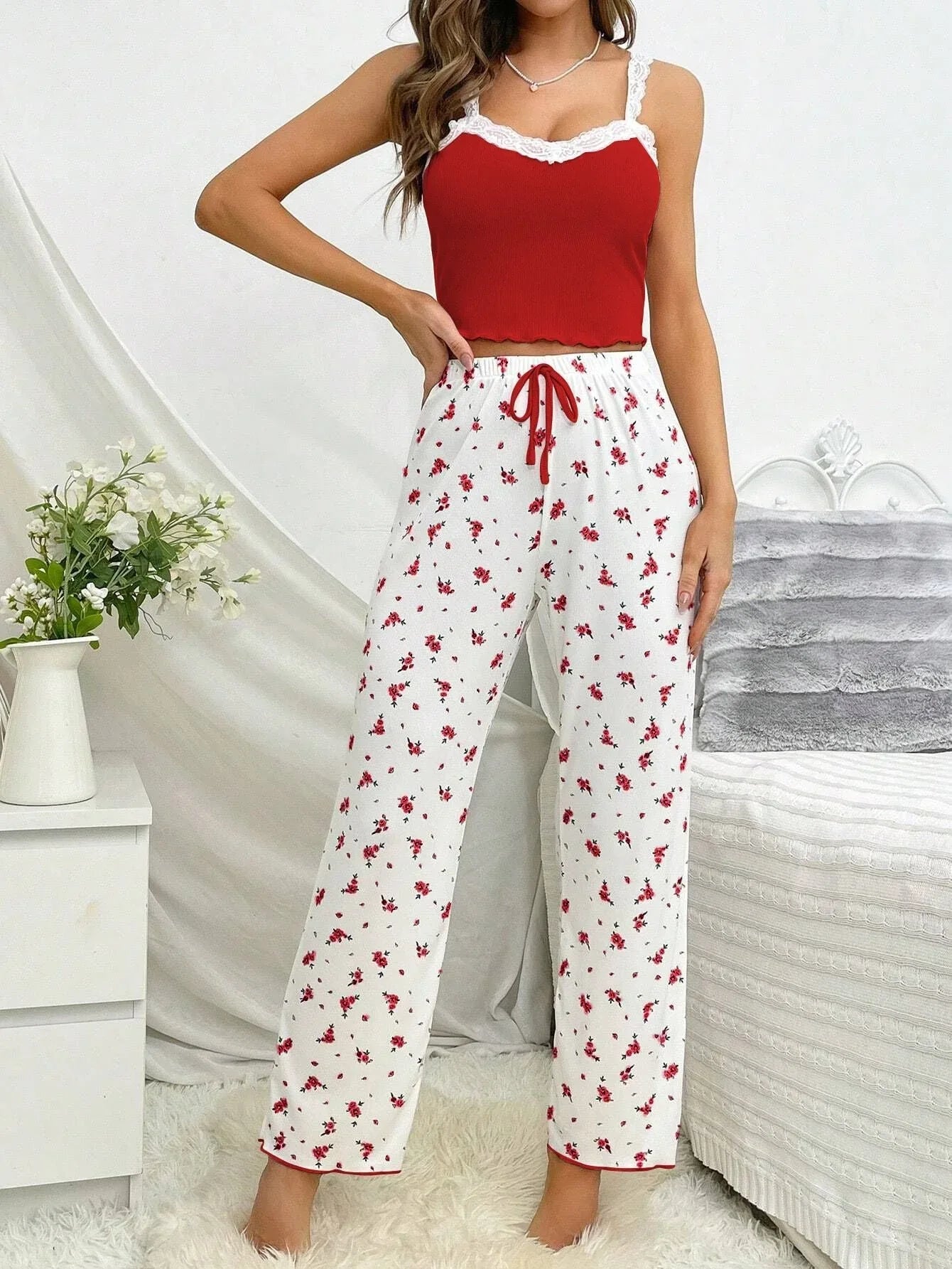 Pink Ribbed Cami & Floral Pants Pajama Set - WEUXS