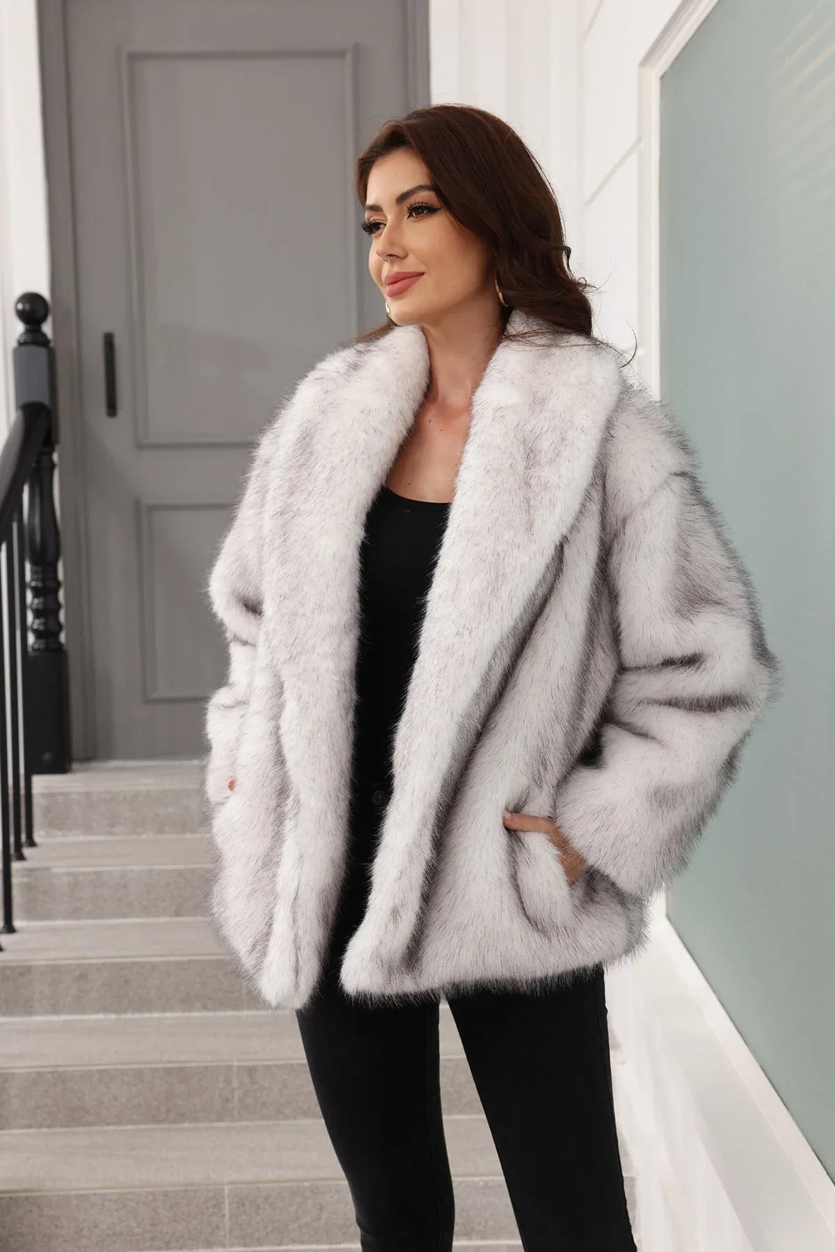 Grey Faux Fur Belted Coat - View 10 | WEUXS